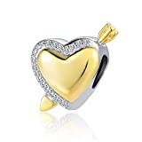 QeenseKc Arrow Through a Double Gold Heart Charm Bead for Pandora Charm Bracelet, (Aut-10 Cupid)