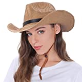 Unisex Straw Cowboy Hat Cowgirl Hat, Shapeable Floppy Sun Hat Wide Birm Fedora Panama Hat for Men & Women Brown