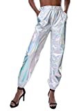 SIAEAMRG Womens Shiny Metallic High Waist Stretchy Jogger Pants, Wet Look Hip Hop Club Wear Holographic Trousers Sweatpant (Silver, S)