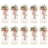 Nuptio 10 Pcs Gold Vase Metal Column Stand Road Lead Geometric Centerpiece Vase for Tables, 80cm/31.5in Floor Vases Decorative Tall Flower Rack for Home Event Party Wedding Decorations for Reception