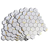 Homelet Peel and Stick Backsplash PVC Aluminum Hexagon Tile 5 Sheets 11x13 Fireproof Waterproof Self-Adhesive Removable DIY Kitchen Tile Renter Friendly Stick On Wall Tiles (White & Gold)