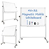 Double Sided Magnetic Mobile Whiteboard, 48 x 32 Inches, Rolling Stand White Dry Erase Board on Wheels, Portable Writing Standing White Boards Easel with 4 Markers 1 Eraser 10 Magnets 1 Ruler