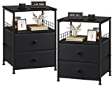 EnHomee Nightstand Set of 2, Bedside Table with Fabric Drawers and Open Wood Shelf Storage, Bed Side Table with Steel Frame, Night Stand for Bedroom, Dorm, Easy Assembly and Pull, Black and Gray