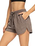 THANTH Womens 3" Yoga Shorts Elastic Waist Comfy Cotton Lounge Pajamas Workout Running Terry Jersey Shorts with Pockets Brown L