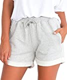 Tengo Women Summer Beach Shorts Juniors Folded Hem Shorts with Drawstring(Grey,L)