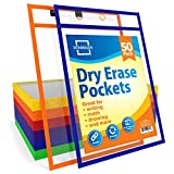 Scribbledo Dry Erase Pockets, 50 Pack Reusable Dry Erase Sleeves with Marker Holder, Colorful Dry Erase Pocket Sleeves for School or Work, Assorted Colors Sheet Protectors and Ticket Holders