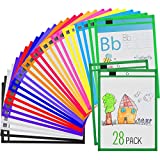 28 Pieces Clear Dry Erase Pocket Sleeves Reusable Write and Wipe Pocket Multi-Colored Dry Erase Folders Oversized Plastic Sheet Protectors for Classroom School Teacher Home Supplies 14 Colors