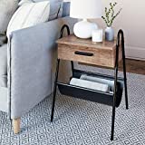 Nathan James Hugo Wood Nightstand, Rustic Accent End or Side Table with Drawer, Durable Black Metal Frame & Leather Hammock, Brown