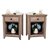 JAXPETY Farmhouse Nightstand, Bedside Table with Drawer and Shelf, Wood Storage Cabinet for Home Bedroom (2-Pack, Rustic Brown)