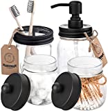 Mason Jar Bathroom Accessories Set 4 Pcs - Black - Mason Jar Soap Dispenser & 2 Apothecary Jars & Toothbrush Holder - Rustic Farmhouse Bathroom Home Decor Clearance, Countertop Organizer