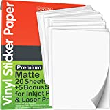 JOYEZA Premium Printable Vinyl Sticker Paper for Inkjet Printer - 25 Sheets Matte White Waterproof, Dries Quickly Vivid Colors, Holds Ink well- Tear Resistant - Inkjet & Laser Printer