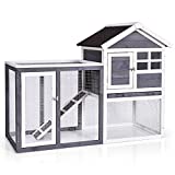 Tangkula Rabbit Hutch, Indoor Outdoor Bunny Cage with Run, Wooden Rabbit Cage with Waterproof Roof & Pull Out Tray, Chicken Coop Pet House for Rabbits, Chicken and Guinea Pigs (Gray)