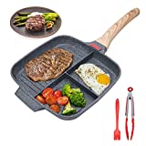 Sectional Skillet, Grill Pans for Stove Tops Nonstick 3 Section Breakfast Pan Meal Skillet Griddle Divided Pan, with Silicone Brush & Clip, 10.5