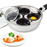 Modern Innovations Egg Poacher Pan Nonstick, Stainless Steel Poached Egg Maker, Poached Egg Pan w/Handle, Perfect Egg Maker, Poached Egg Cooker, Egg Poacher Cups, 4 Poached Egg Cups, Silicone Spatula