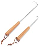 HaSteeL Pigtail Food Flipper 2Pcs, 12 & 17 Inch Meat Turner Hook, Stainless Steel Pig Tail Flipper Hook with Wooden Handle, Grill Accessories for BBQ Grilling Griddle Kitchen Cooking - Right Handed