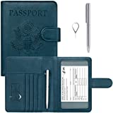 Passport Holder UPGRADED VERSION - HOTCOOL Leather Passport and Vaccine Card Holder Combo Slot Wallet Travel Cover Case, with 11 Pockets, Pen and Pin, RFID Blocking and Magnetic Closure, Navy Blue