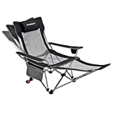 FUNDANGO Reclining Camping Chair with Foot Rest, Portable Mesh Folding Lounge Chairs, Adjustable Chaise Lawn Chair with Headrest, Cup Holder, Storage Bag, for Outdoor Picnics BBQ, Black