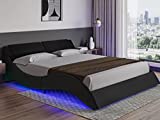 DICTAC Queen Led Bed Frame Modern Upholstered Platform Bed Frame with LED Lights Underneath Wave Like Bed Frame with Luxurious Headboard,Faux PU Leather,Strong Wood Slats Support,Easy Assembly,Black