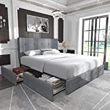 Allewie Queen Platform Bed Frame with 4 Drawers Storage and Headboard, Square Stitched Button Tufted Upholstered Mattress Foundation with Wood Slat Support, No Box Spring Needed, Light Grey