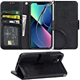 Arae Compatible with iPhone 13 Case [Not for iPhone 13 Pro] with Card Holder and Wrist Strap Wallet Flip Cover for iPhone 13 6.1 inch-Black