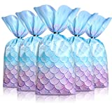 100 Pcs Mermaid Party Favors Bags Mermaid Party Goodie Candy Bags Wide Bottom Mermaid Cellophane Treat Bags with 100 Pcs Silver Twist Ties for Mermaid Birthday Girls Party Supplies (Stylish Style)
