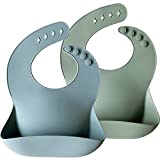 Moonkie Silicone Baby Bibs Set Of 2, BPA Free Soft Adjustable Fit Waterproof Feeding Bibs for Babies and Toddlers(Ether/Sage)