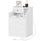 Nightstand with Charging Station, Night Stand with 3 Storage Drawers, Bedside Table with Hutch, Modern End Side Table for Bedroom,White