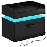 Seventable Nightstand with Charging Station and LED Lights, Modern End Side Table with 1 Drawer, Nightstand Storage Cabinet for Bedroom, Black