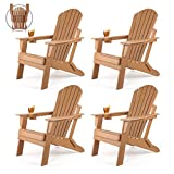 Folding Adirondack Chair Set of 4, Fire Pit Chairs, Plastic Adirondack Chairs Weather Resistant with Cup Holder, Composite Adirondack Chairs, Brown