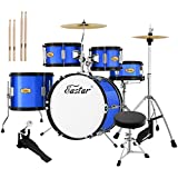 Junior Drum Set for Kids - 16 inch 5-Piece Drum Kit for Beginners with Adjustable Throne and Cymbal, Pedal & Drumsticks, Metallic Blue (EDS-350Bu)