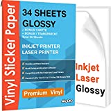 Premium Printable Vinyl Sticker Paper for Inkjet & Laser Printer - Self-Adhesive Sheets Glossy White Waterproof, Dries Quickly Vivid Colors, Holds Ink well- Tear Resistant (Glossy)