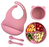 Bonita Silicone Feeding Set Suction Baby Bowl and Plate |Bib| Fork Spoon Organic 100%BPA-Free Baby Led Weaning Utensils CPC Certified|6Pieces Dishwasher, Microwave Safe|Platos para Bebes (Rose)