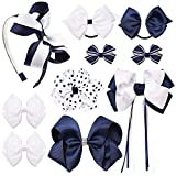 DEEKA School Uniform Hair Bows Set Hair Clips Accessories for Girls Headband and Ponytail Holders Multi-styled School Bows Set for Little Teen Toddler Girls -Navy/White