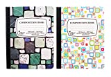 2-Pack Composition Notebook, 9-3/4" x 7-1/2", Wide Ruled, 100 Sheet (200 Pages), Weekly Class Schedule and Multiplication/Conversion Tables - Styles: Tiles, Flowers, Shapes, Spots (2-Pack,Random)
