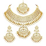 Aheli Kundan Pearls Designer Necklace Earrings Maang Tikka Set Indian Traditional Ethnic Engagement Wedding Party Wear Jewelry for Women