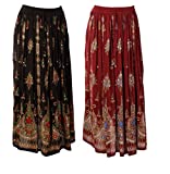 JOTW 2 Pack of Indian Long Skirts with Sequins & Embroidered Designs (IND#9603) (Black/Red and Burgundy/Blue)