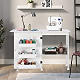 Folding Sewing Table with Storage, Sewing Craft Table Foldable with 3 Storage Shelves, Adjustable Sewing Craft Cart with Hidden Bins Lockable Casters, Multifunctional Wood Sewing Cabinet Art Desk
