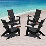 MXIMU Modern Adirondack Chairs Set of 4 Weather Resistant with Cup Holder Oversize Plastic Fire Pit Chairs Plastic Outdoor Chairs for Firepit Area Seating (Black)