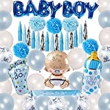PartyWoo Baby Shower Balloons, 48 pcs Blue Baby Shower Decorations for Boy, Baby Boy Letter Balloons, Balloon Arch Kit, Foil Balloons, Latex Balloons, Hanging Swirl, Mom To Be Sash, Baby Shower Decor