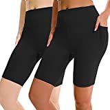 APEXUP 2 Pack Yoga Shorts for Women, 8" High Waist Spandex Compression Women Shorts with Side & Inner Pockets (Black, Small)