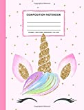 Composition Notebook: Cute Rainbow Unicorn Face Pink Gold Wide Ruled Primary Copy Book, SOFT Cover Girls Kids Elementary School Supplies Student Teacher Daily Creative Writing Journal, 110 Pages