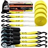 XSTRAP STANDARD Ratchet Tie Down Straps - 4 Pk - 10 Ft- 300 Lbs Load Cap- 900 Lbs Break Strength-Cargo Straps for Moving Appliances, Lawn Equipment, Motorcycle (Yellow)