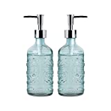 WHOLE HOUSEWARES | Glass Soap and Lotion Dispenser Bottles | Set of 2 | Embossed Vintage Design | 12oz Mosaic Glass Dispensers (Turquoise)