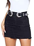Just Quella Women's High Waisted Jean Skirt Fringed Slim Fit Denim Mini Skirt (S, Black Hole Washed)