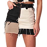 Tulucky Womens Fashion Mid-Rise Color Blocking Patchwork Ripped Stretch Denim Skirts(Black,M)
