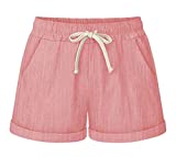 Fuwenni Women's Summer Shorts Casual Cotton Linen Drawstring Elastic Waist Shorts with Pockets Pink US 12/M