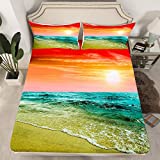 Homewish Sea Beach Fitted Sheet Sea Wave in Sunset Bedding Set 2pcs with 1 Pillowcase Ocean Sea Hawaii Fitted Sheet Set for Kids Boys Girls Luxury Bedding All-Round Elastic Pocket ,Twin Size