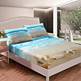 Feelyou Hawaii Beach Fitted Sheet Boys Girls Adults Ocean Wave Nautical Bedding Set Kids Starfish Shell Bed Sheet Set Summer Lightweight Bed Cover,Bedding Collection 3Pcs Sheets Full Size