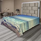 Ambesonne Ocean Flat Sheet, Tropical Island Paradise Beach at Sunset Time Waves and The Misty Sea Image, Soft Comfortable Top Sheet Decorative Bedding 1 Piece, California King, Turquoise Cream