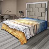 Lunarable Ocean Flat Sheet, Idylic Scene of a Sunset with Zippy Waves Moving on to Sand at a Beach, Soft Comfortable Top Sheet Decorative Bedding 1 Piece, King Size, Apricot White